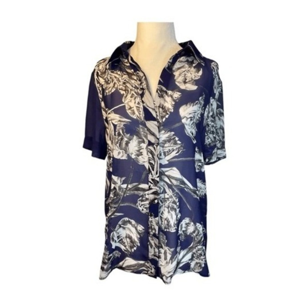 Derek Lam 10 Crosby Button Down Shirt Blue White Floral Sheer‎ Short Sleeve S